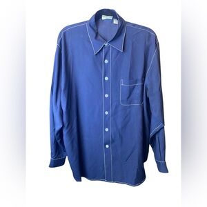 PEBBLES 💯 SILK BLUE BLOUSE WITH WHITE STITCHING VTG L